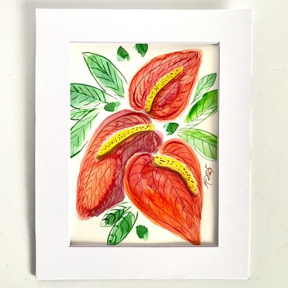 Valentine Anthurium Original Wall Art Watercolor Painting Matted 8x10in - Picture 6 of 8